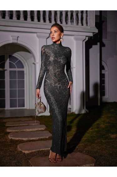 Damien Long Sleeve Lace Maxi Dress In Black