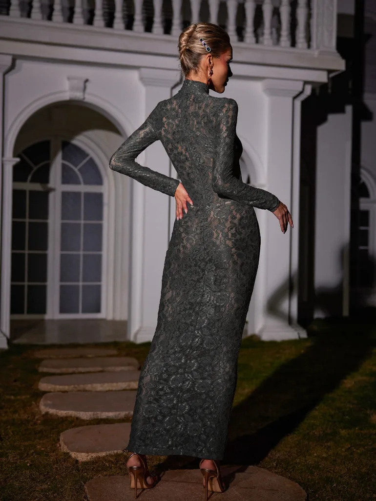 Damien Long Sleeve Lace Maxi Dress In Black - 5