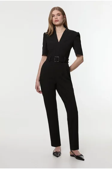 Petite Structured Crepe Forever Belted Jumpsuit