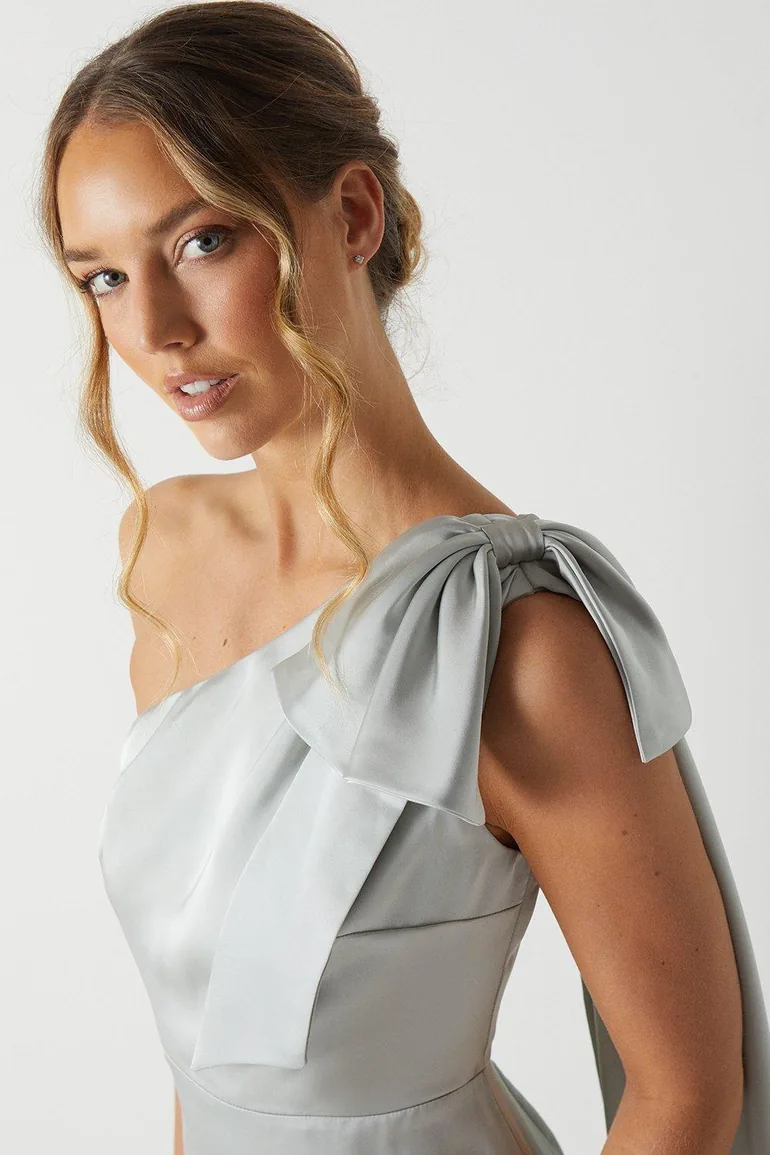 Bow And Drape Detail One Shoulder Satin Dress - 3