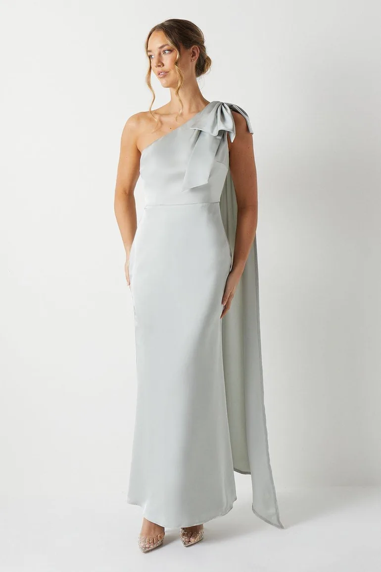Bow And Drape Detail One Shoulder Satin Dress