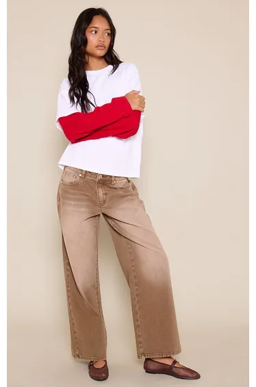 Washed Taupe Low Rise Wide Leg Jean
