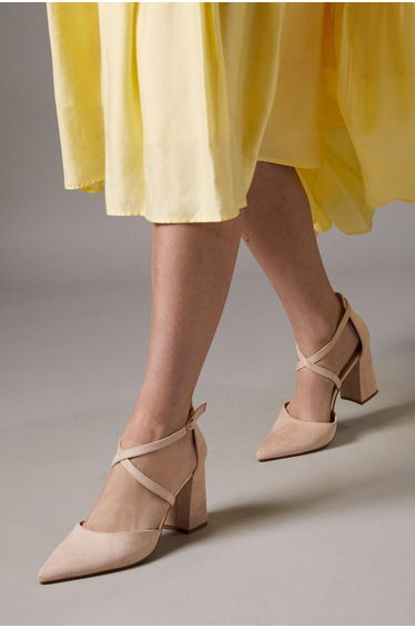 Wide Fit Treat Cross Strap Pointed Block Heel Court Shoes