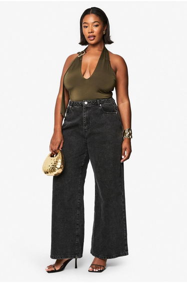 PLUS HALTER KEYHOLE RUCHED SIDE TOP - olive