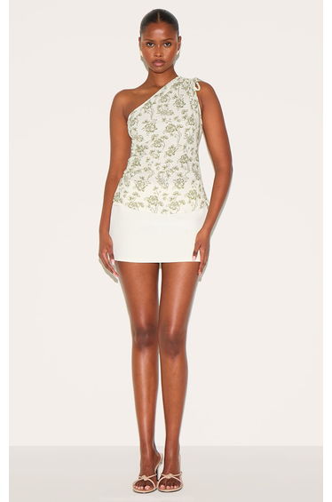 Green Lightweight Woven Printed Ruched Asymmetric Long Top