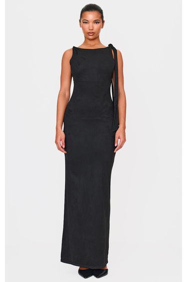 Black Faux Suede Knot Drape Floor Length Dress