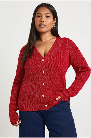 Plus Glitter V Neck Cardigan - red