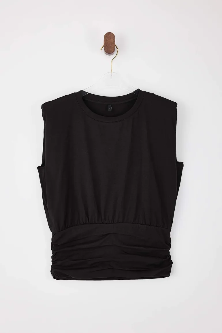 Black Fitted/Sleeveless Gathered Cotton Stretch Knitted Blouse - 1