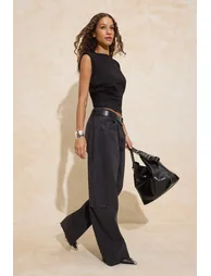 Black Fitted/Sleeveless Gathered Cotton Stretch Knitted Blouse - 3