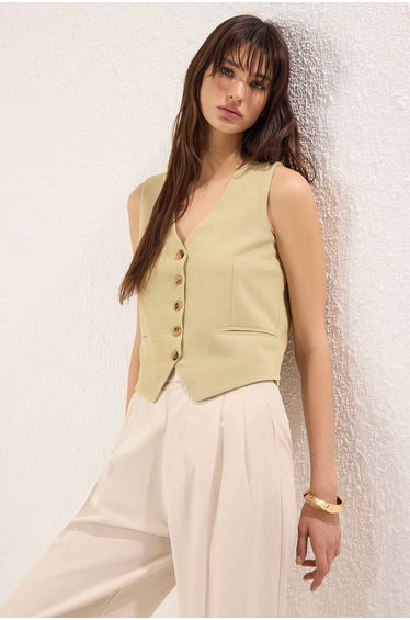 Khaki Oversize V Neck Linen Look Oversize Waistcoat