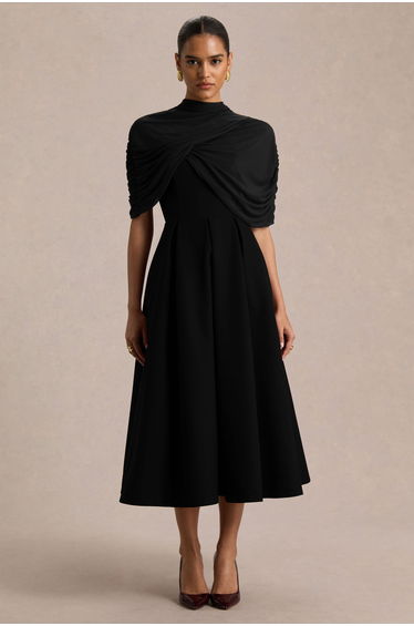 Thalia | Black High-Neck Midi Dress