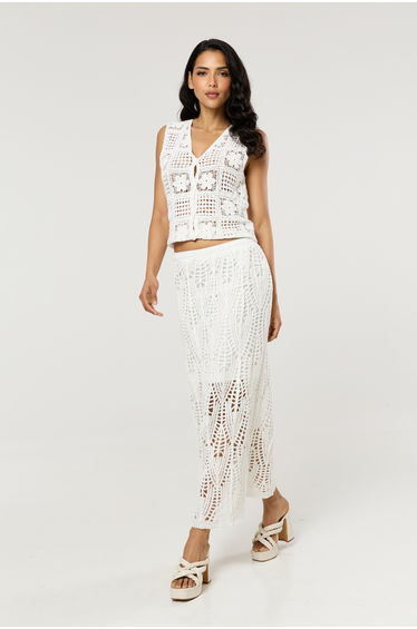 Cream Crochet Knit Midi Skirt
