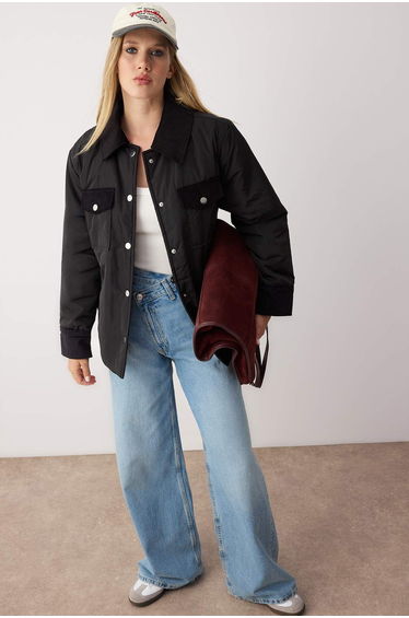 Black Regular Pattern Collar Velvet Detailed Fiber Thin Jacket