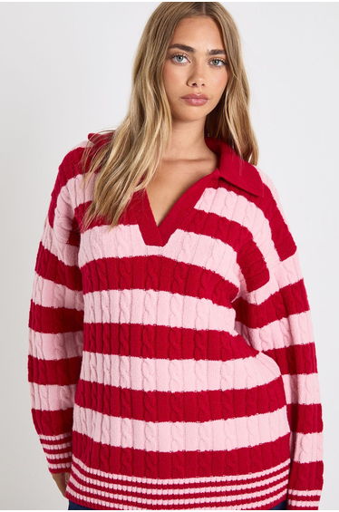 V Neck Collared Stripe Jumper - red