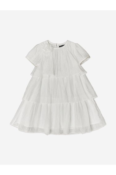 BCBGMAXAZRIA Girls Shimmer Ruffle Dress with 3D Flower in White