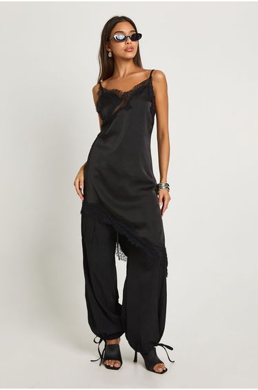 Lace Asymmetric Satin Slip Dress - black
