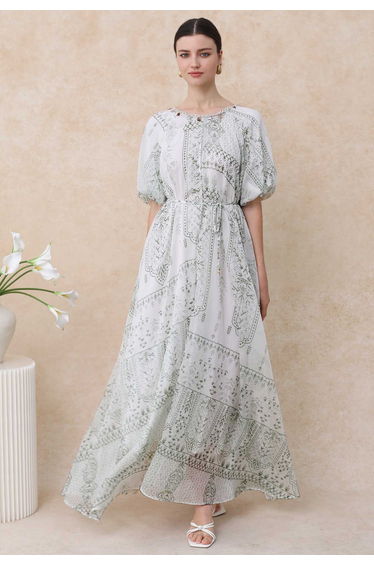 Green Tile Printed Shell Pendant Neckline Maxi Dolly Dress