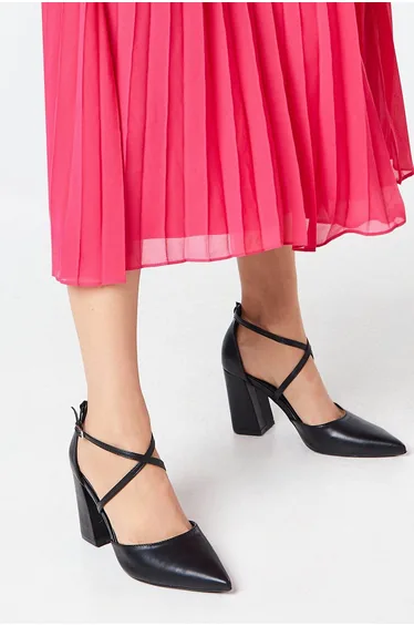 Treat Cross Strap Pointed Block Heel Court Shoes