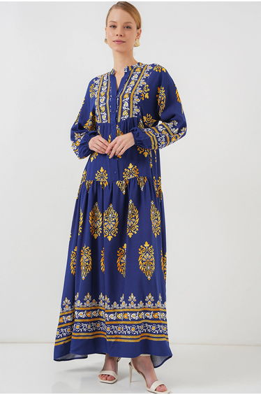 BDART Printed V-Neck Maxi Dress with Button Closure