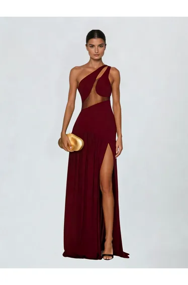 Lateefah One Shoulder Split Maxi Dress In Wine