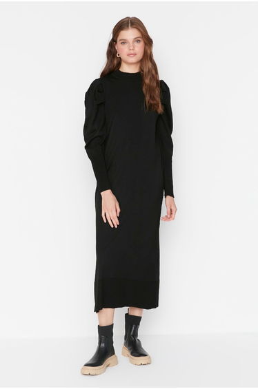 Black Column Midaxi Jumper Dress with Long Sleeves