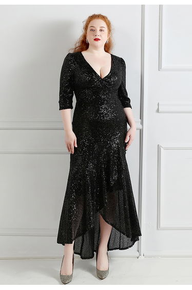 Elbow Sleeve Ruffle Sequined Gown in Black