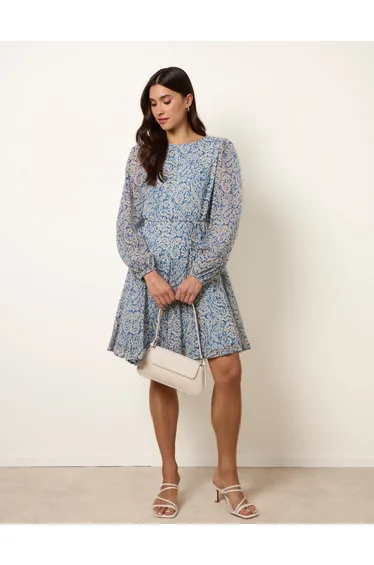 Puff Sleeve Godet Dress With Self Tie