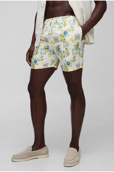 Mid Length Santorini Lemon Printed Swim Shorts - ecru