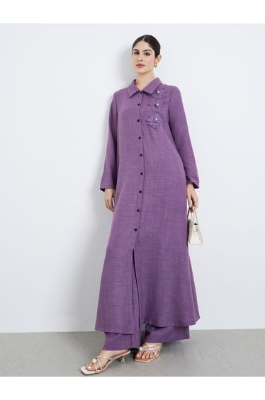 Women Corsage Detail Maxi Shirt and Pants Modest Set