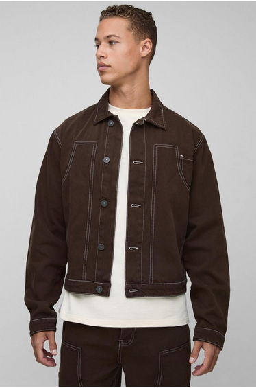 Tall Oversized Boxy Contrast Stitch Worker Denim Jacket - chocolate