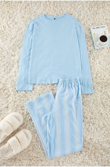 Blue 100% Cotton Striped Knitted Pajama Set