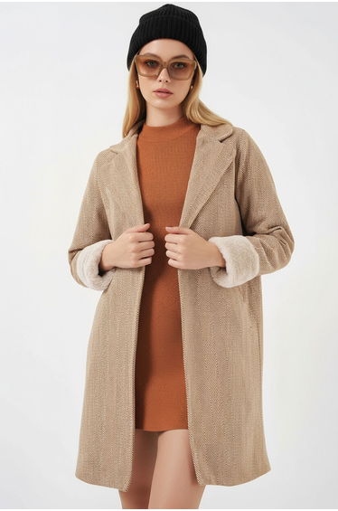 Women's Fish Back Cashew Coat with Feather Sleeves - Biscuit