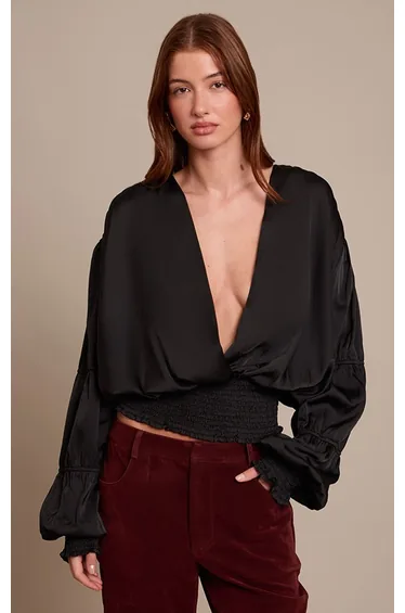 Black Satin Ruffle Detail Plunge Blouse