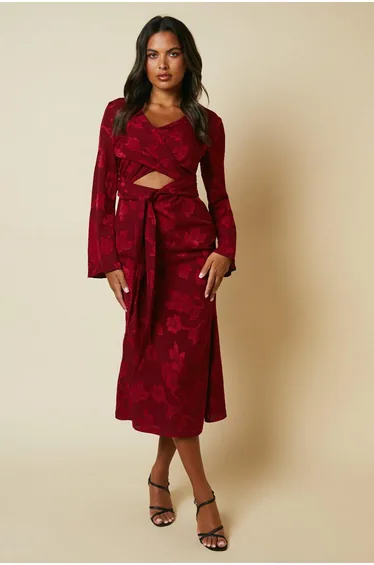 Debut London By Coast Long Sleeve Wrap Waist Satin Jacquard Midaxi Dress - red