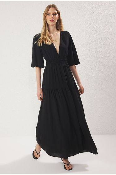 Black Plain Maxi Woven Dress