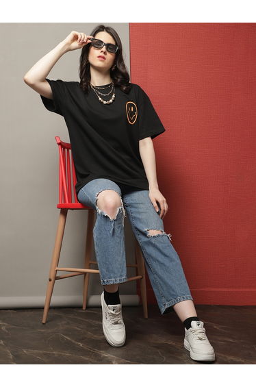 Women Black Oversized Graphic Print T-Shirt