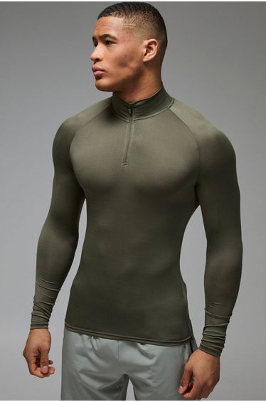 Man Active Lightweight Essentials Gym Raglan Muscle Fit 1/4 Zip - khaki