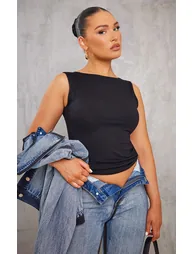 Black Cotton Boatneck Sleeveless Top