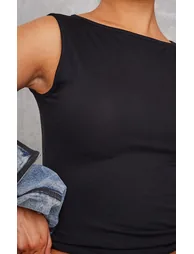 Black Cotton Boatneck Sleeveless Top - 3
