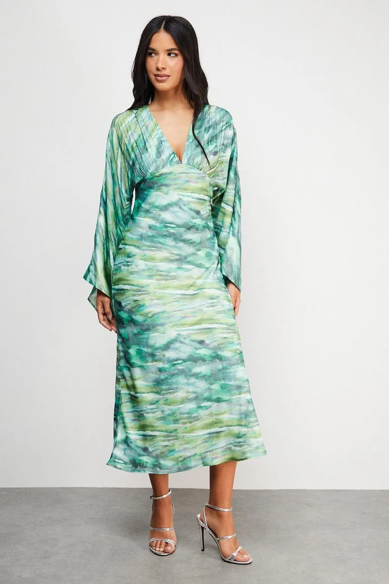 Flare Sleeve Plunge Satin Midi Dress Warehouse Multicolour : Evening Dresses  : VogaCloset Oman
