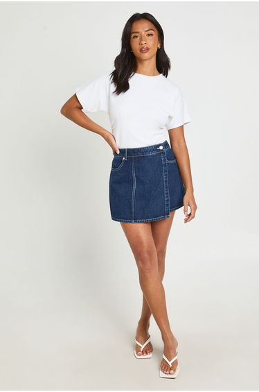 Petite Wrap Front Denim Skort - indigo