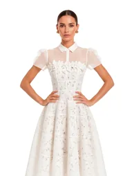 Philippa White Mesh Panel Midi Dress with Lace Applique - 1