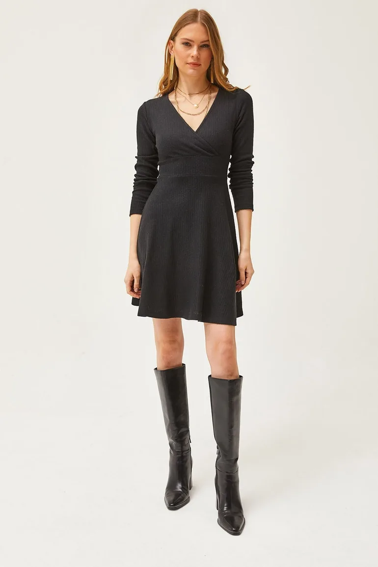 Women's Black Double Breasted Collar Raised Mini Dress
