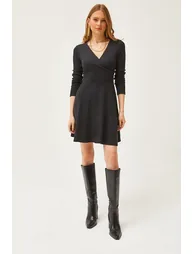 Women's Black Double Breasted Collar Raised Mini Dress