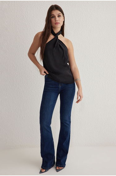 Black Modal Halter Neck Knotted Woven Blouse