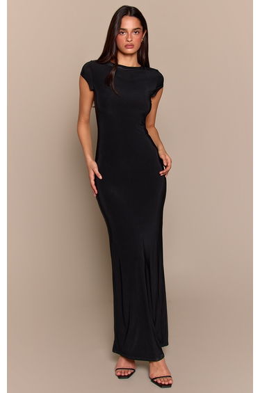 Black Double Layer Slinky Plunge Trim Detail Maxi Dress