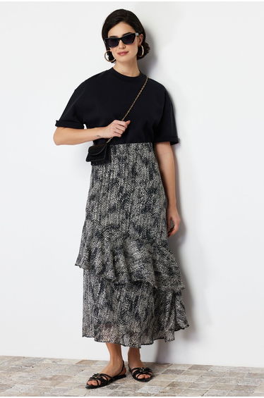 Black Animal Patterned Lined Woven Skirt