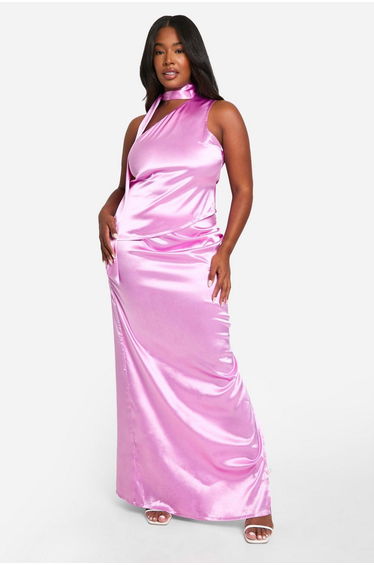 Plus Premium Satin One Shoulder Top & Maxi Skirt Co-ord