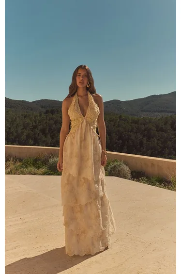 Stone Lace Bust Detail Textured Tiered Maxi Dress