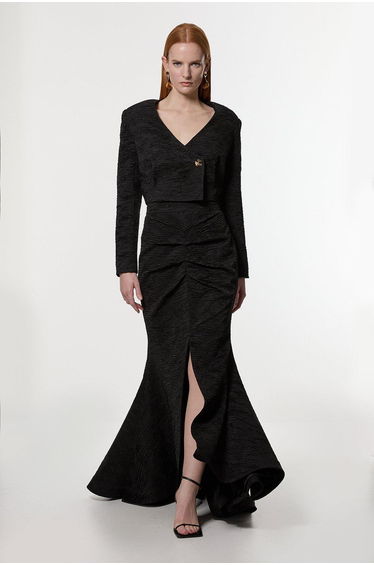 Crinkle Satin Pleated Tailored Maxi Skirt